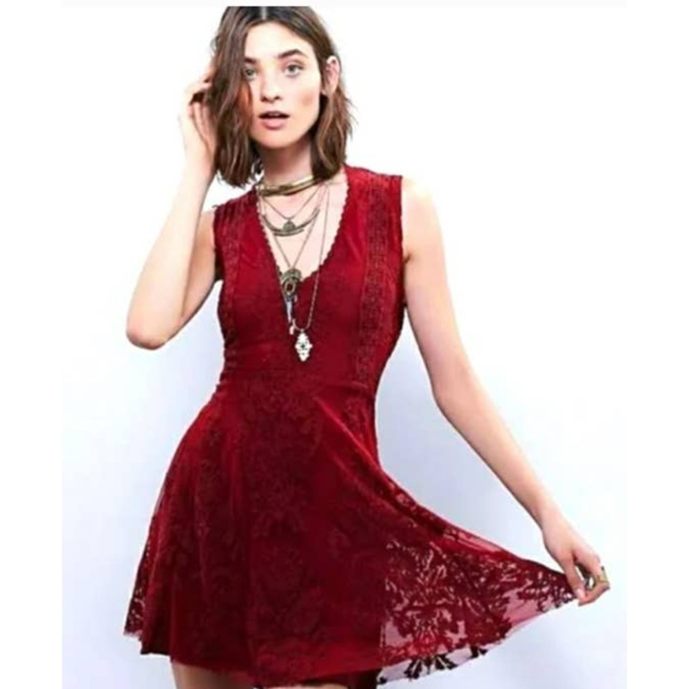 Free People Reign Over Me Red Lace Embroidered Mini Dress